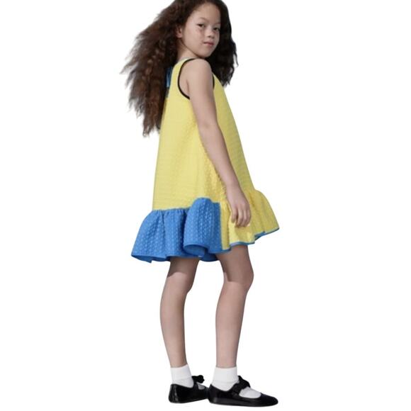 Victoria Beckham Dress Kids Girls Large Yellow Blue Striped Mini Ruffle Textured - Picture 2 of 14